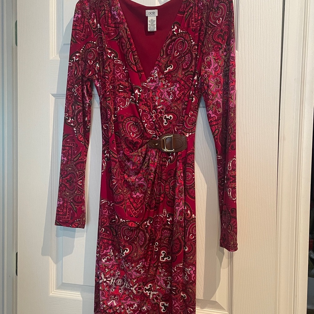 Cache Pink Sheath Dress Long Sleeve V-Neck